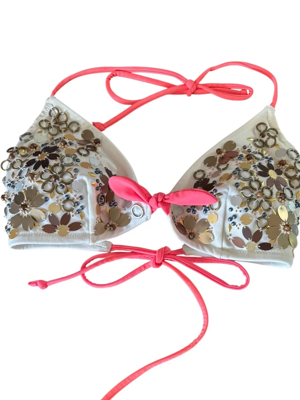 VICTORIAS SECRET STRING BIKINI TOP GOLD FLORAL EMBELLISHED HALTER SWIMWEAR SZ L
